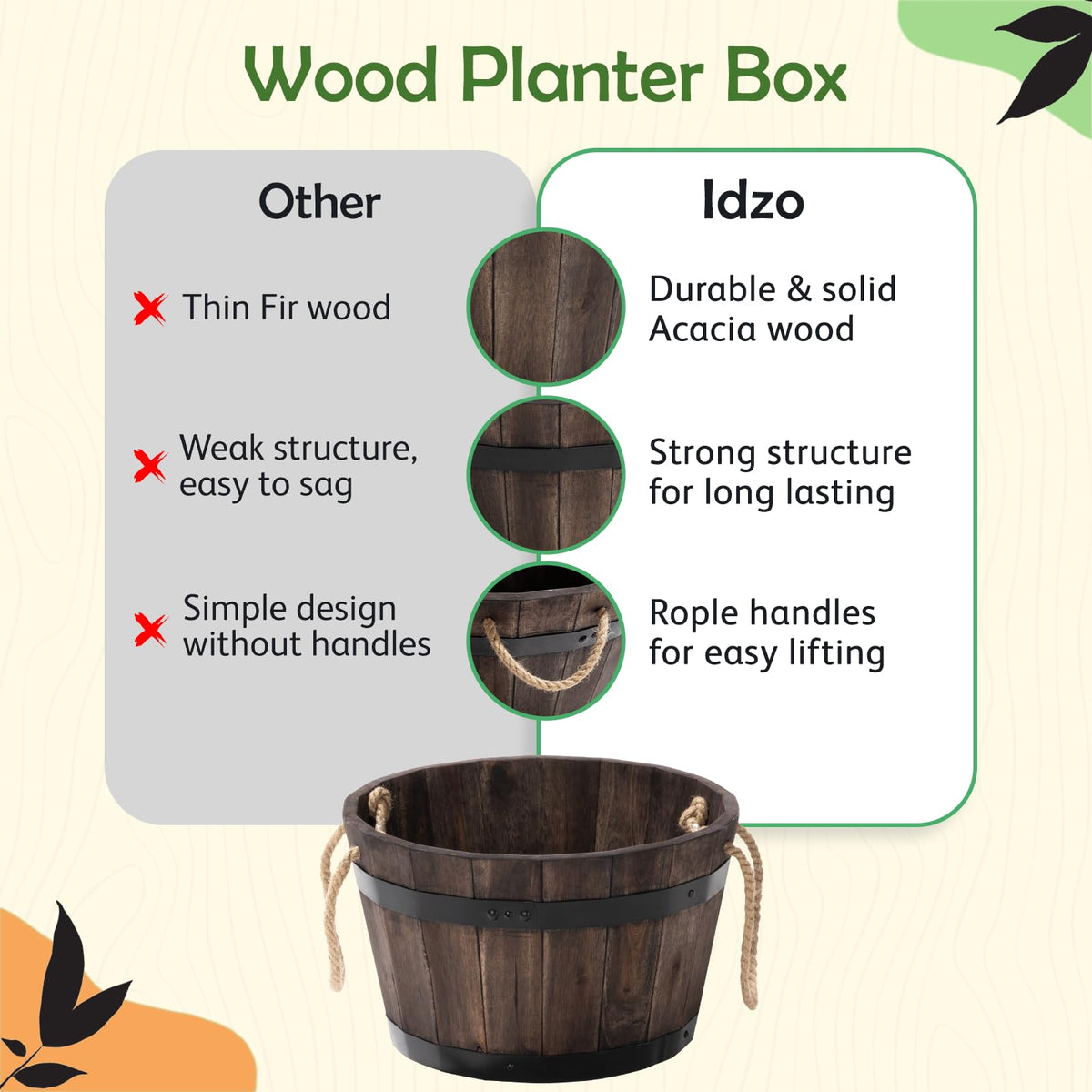 IDZO set3 wooden barrel planter outdoor available in three sizes for flexible setups.