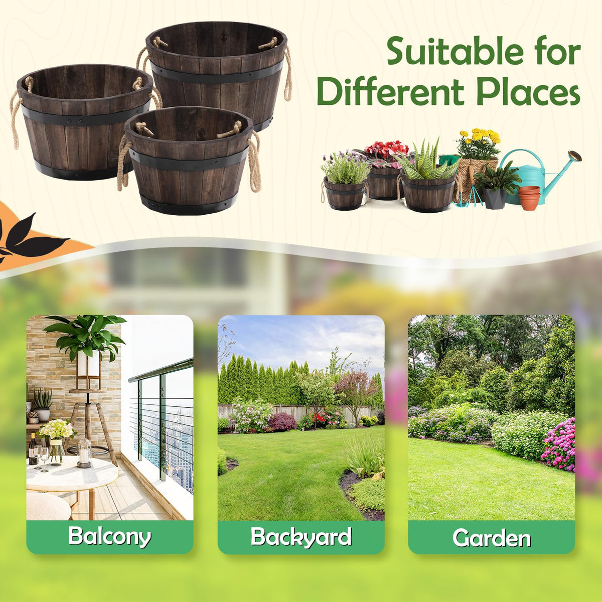 IDZO set3 wooden barrel planter outdoor suits patios and balconies with timeless style.