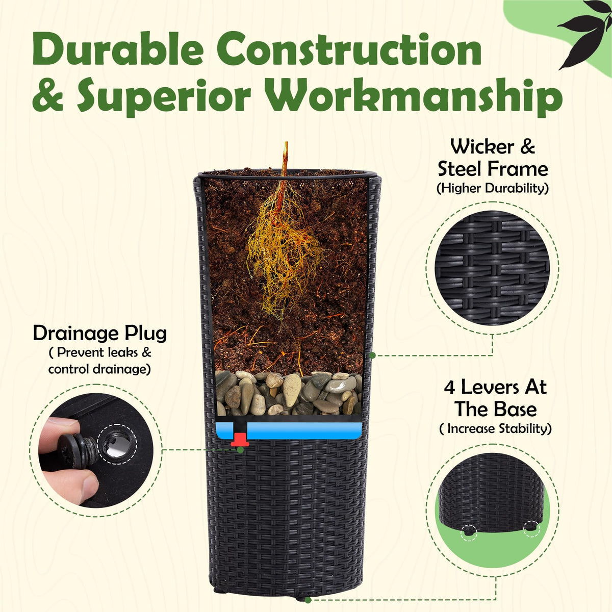 IDZO tall black wicker planter close-up reveals sturdy durable material.