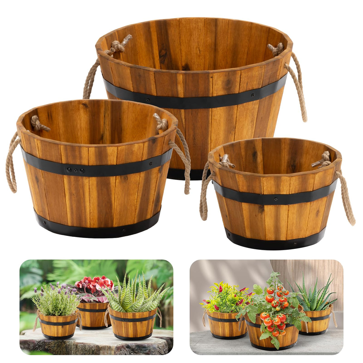 IDZO wooden barrel planter large with durable acacia wood for outdoor decor