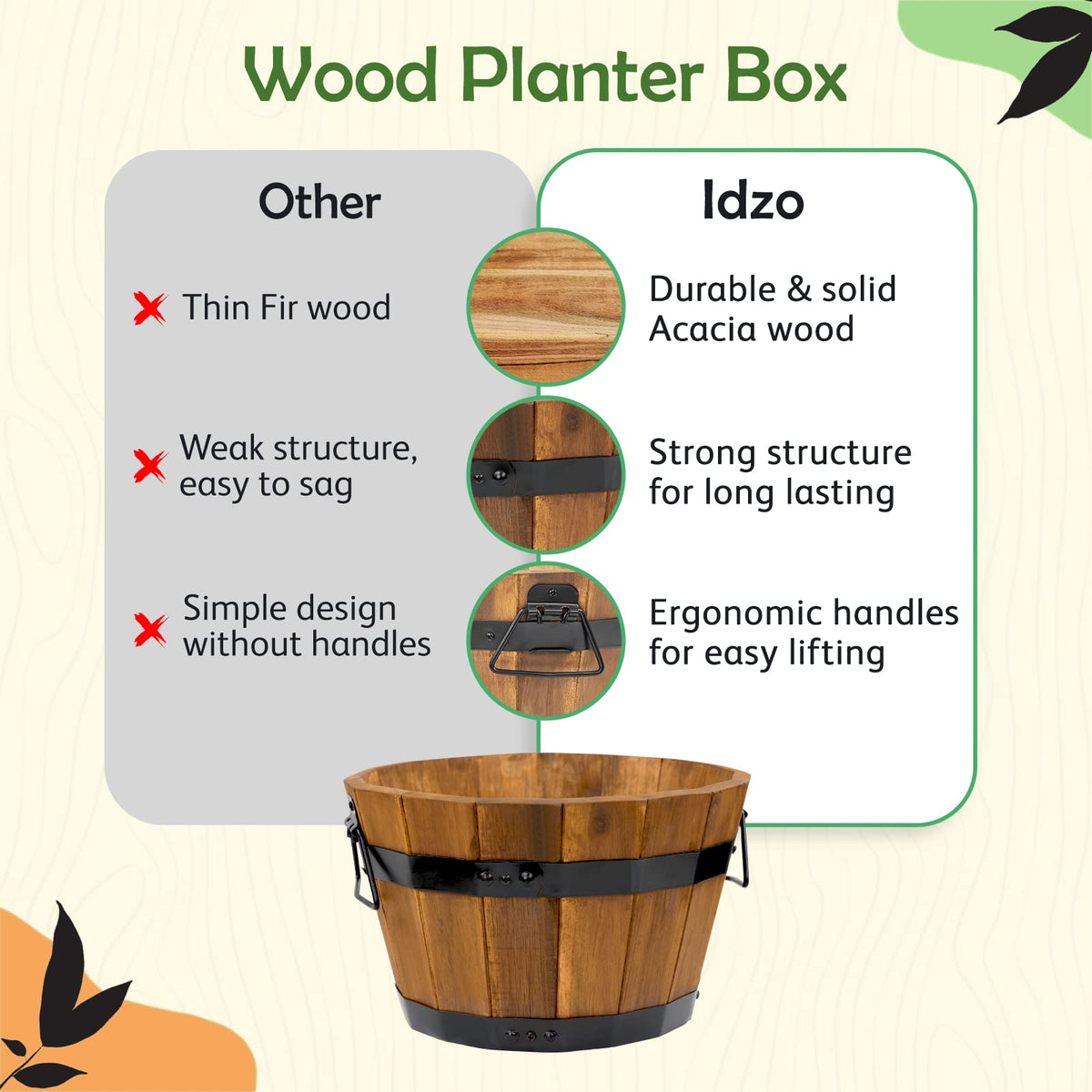 IDZO wooden planter with ergonomic handles makes moving between sunlit spots easy