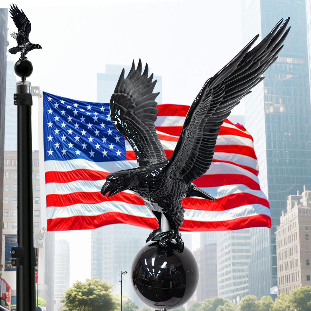 iElyiEsy eagle topper with ball on flagpole enhances curb appeal and weather durability.