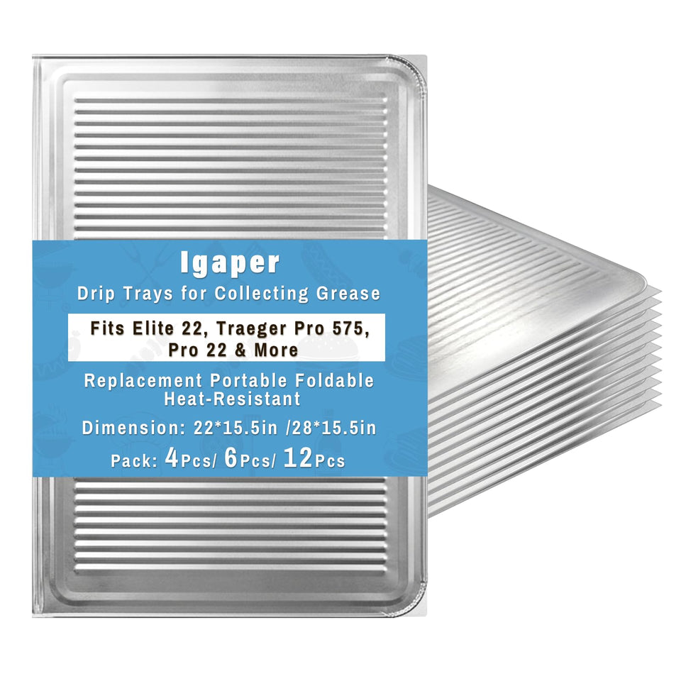 Igaper drip tray liner in use showing 22x15.5 inch fit for Traeger grills