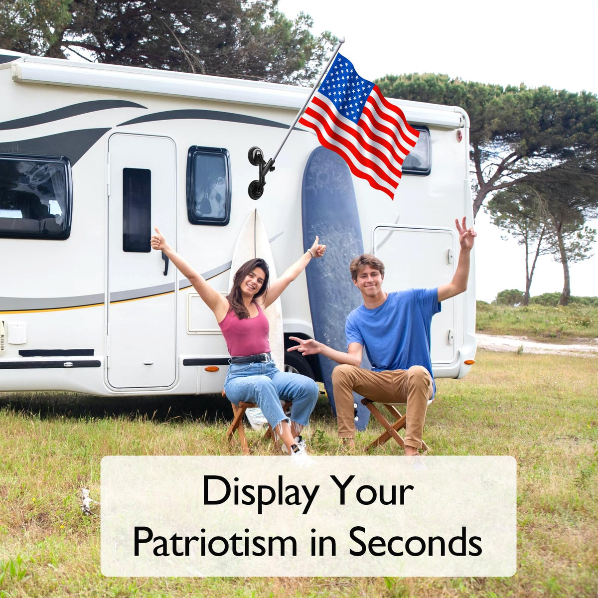 IGRARK flag-pole assembly on an RV showing versatile mounting.