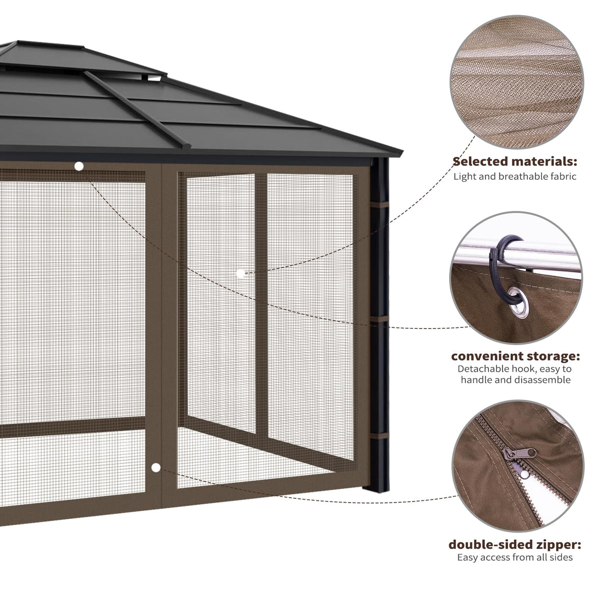 Iheqard coffee colored netting adds privacy for outdoor dining and lounging.