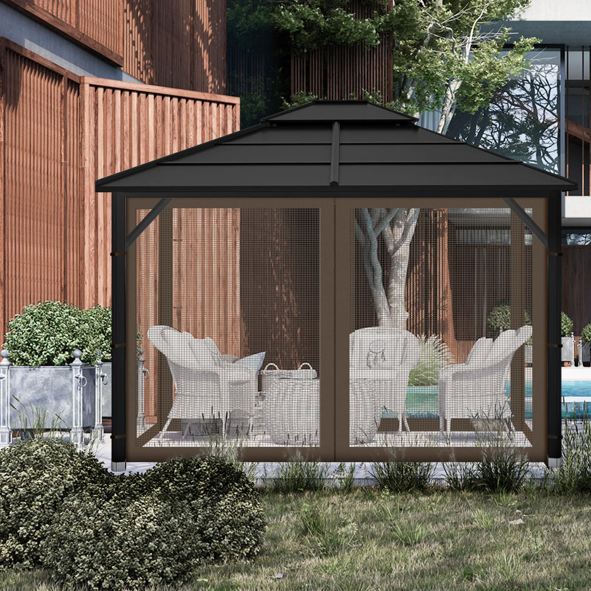 Iheqard patio relaxation with gazebo netting creates a serene garden retreat.