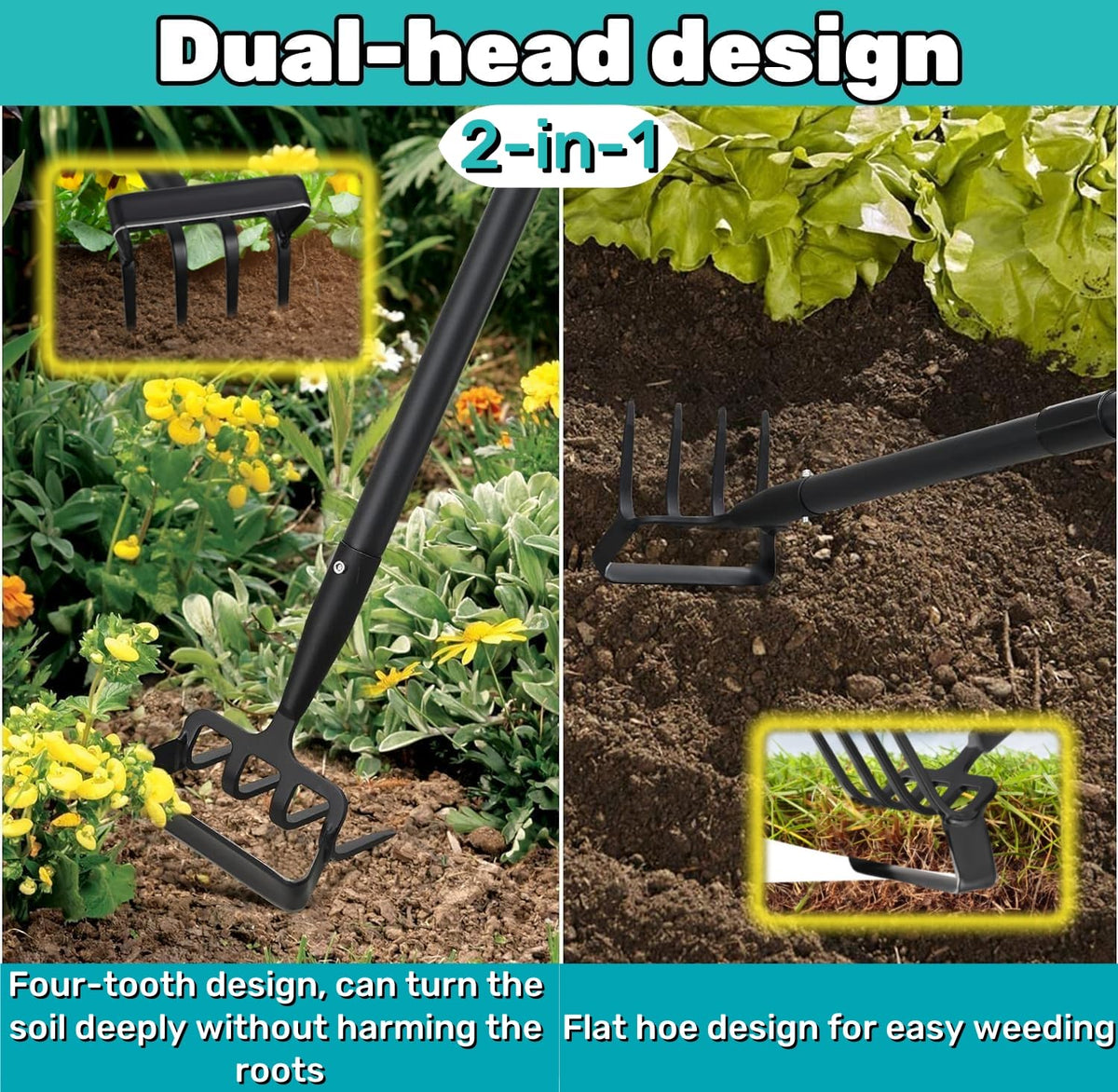 Ihomepark stirrup hoe head with four teeth loosening soil without harming roots.