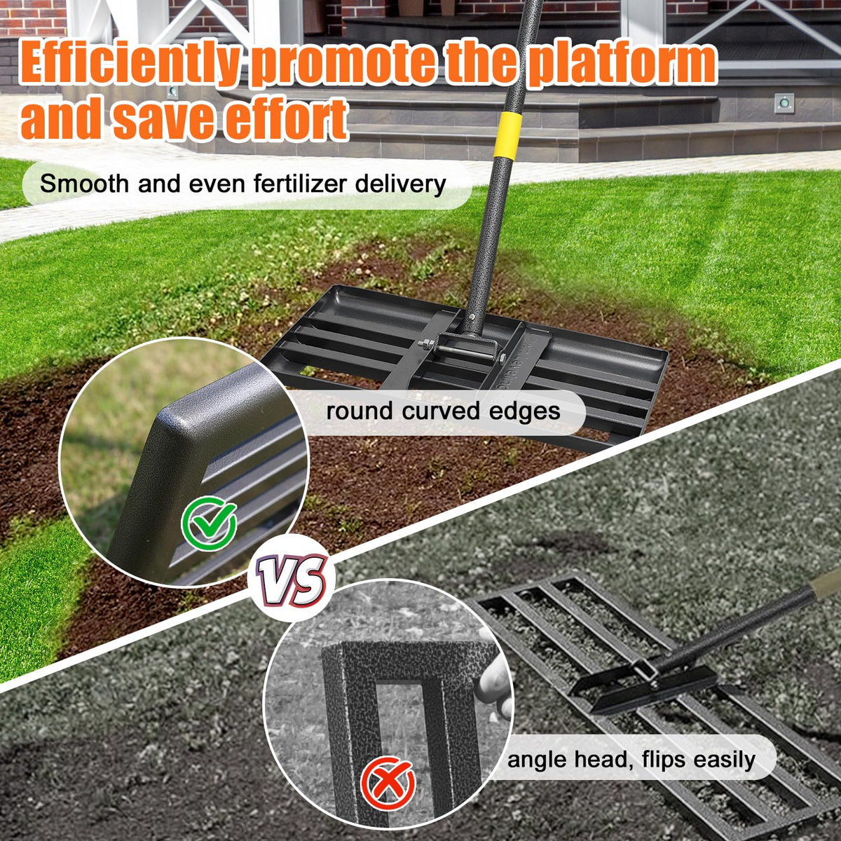 Ihomepark lawn leveling rake shows 60-inch extendable handle for reach.