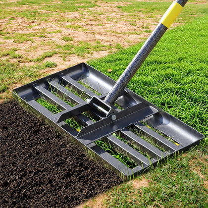 Ihomepark lawn leveling rake with flat-head close-up for smooth soil.