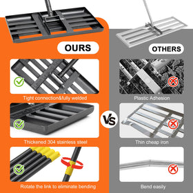 Ihomepark lawn leveling rake features a stainless steel pole for durability.