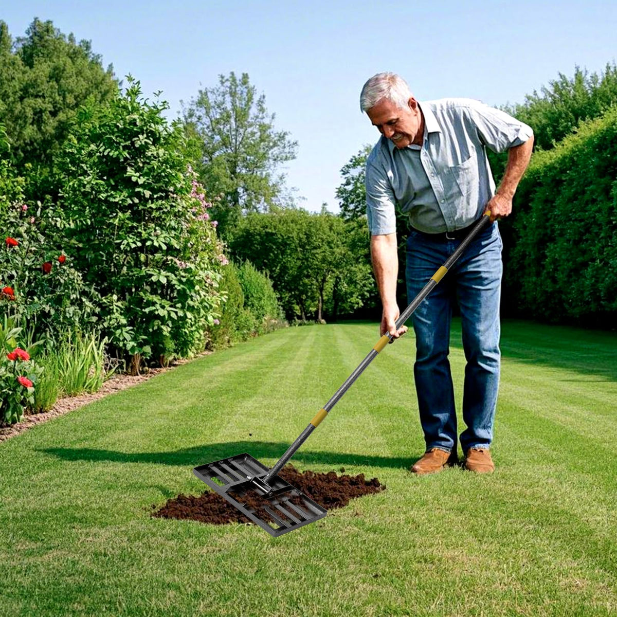 Ihomepark lawn leveling rake with compact storage design for shed storage.