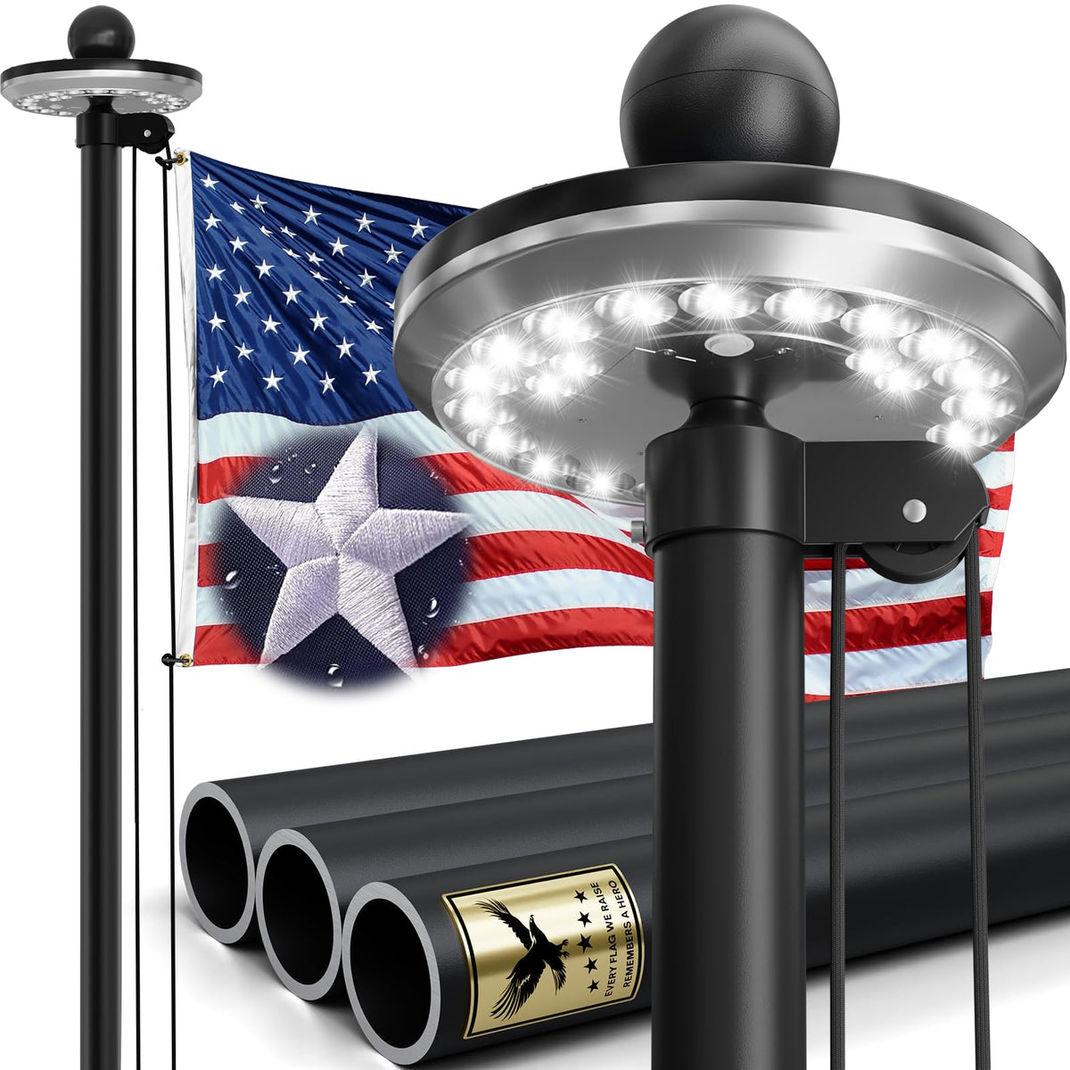 IIOPE 25FT flag pole with solar light for durable outdoor display.