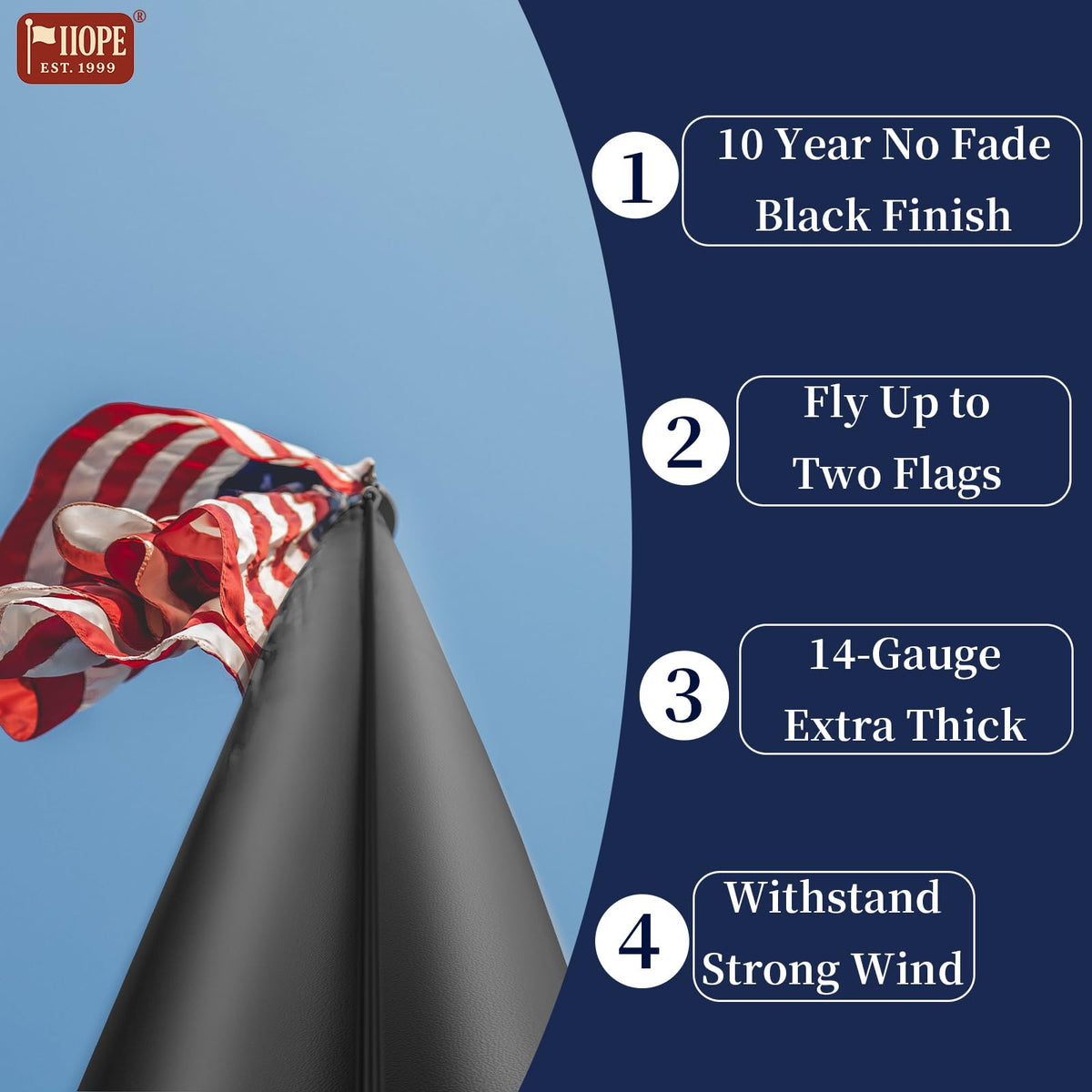 IIOPE black ball finial atop flag pole with weather-ready finish