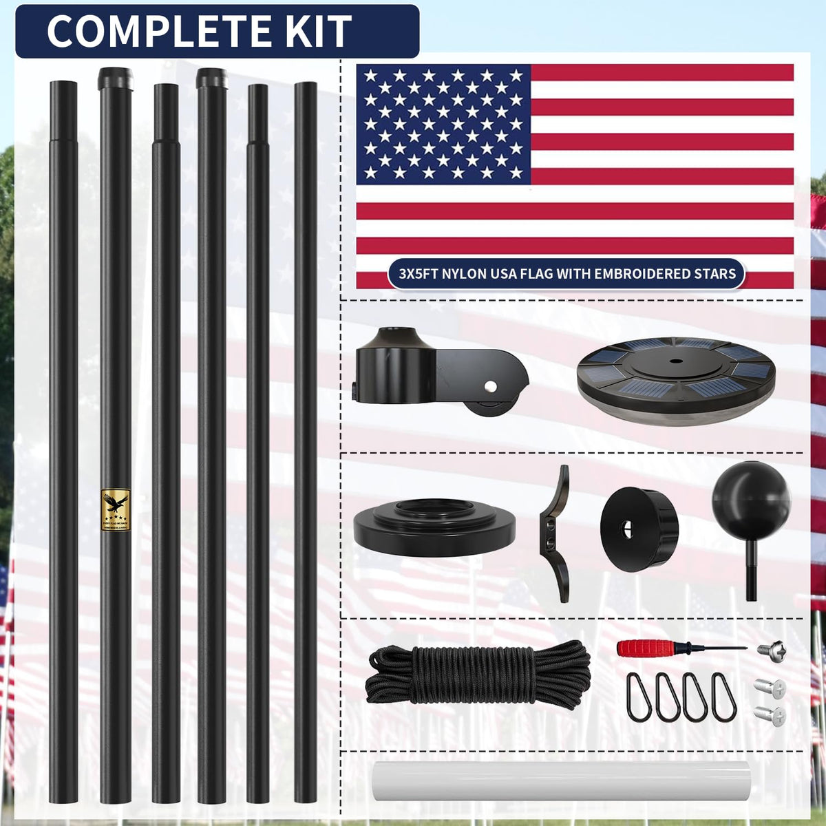 IIOPE nylon USA flag 5x3 included for flag display.