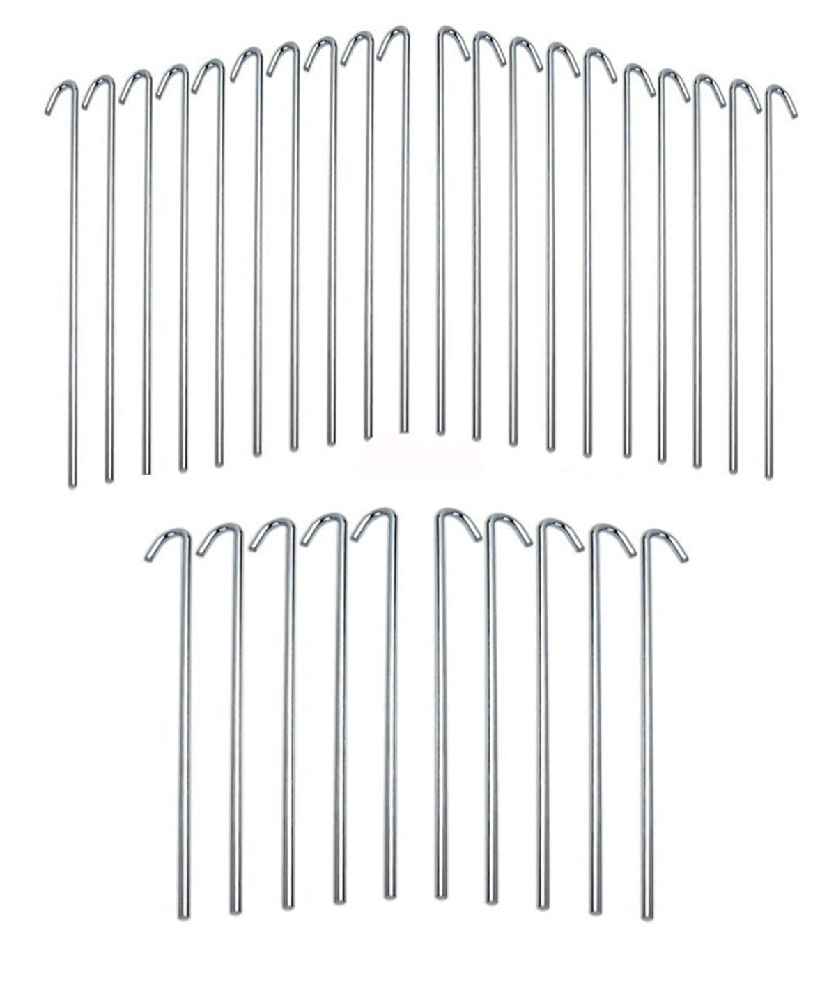 IIT 9-inch galvanized steel tent pegs with 1-inch hook for rope attachment, ideal for garden and camping use.