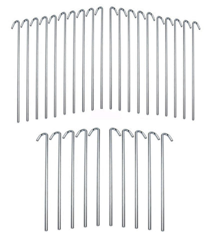 IIT 9-inch galvanized steel tent pegs with 1-inch hook for rope attachment, ideal for garden and camping use.