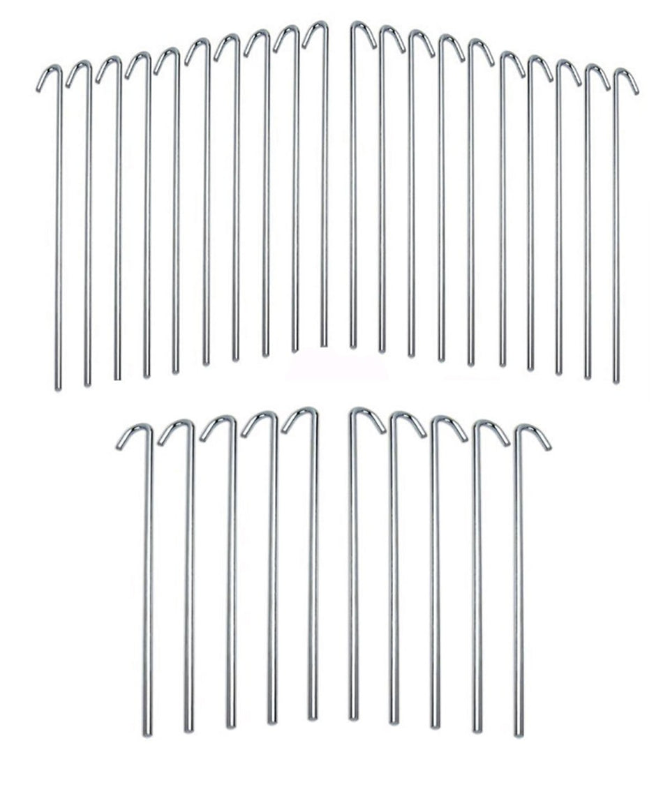IIT 9-inch galvanized steel tent pegs with 1-inch hook for rope attachment, ideal for garden and camping use.