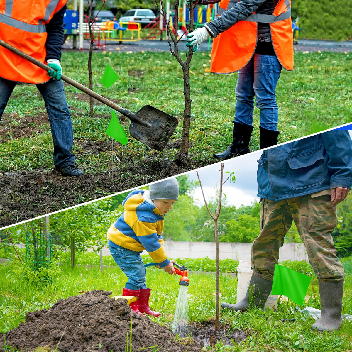 IKAYAS flags marking plant locations in a garden layout