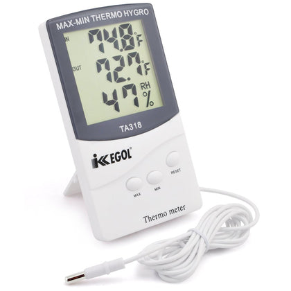 iKKEGOL dual sensor LCD thermometer showing indoor and outdoor temperatures for quick checks.