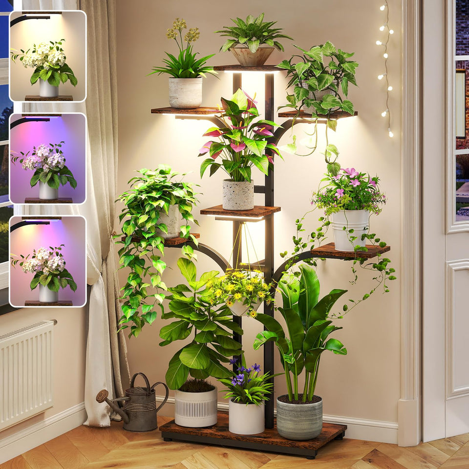 ikkle plant stand with tree shape and lights enhances corner decor for indoor gardens