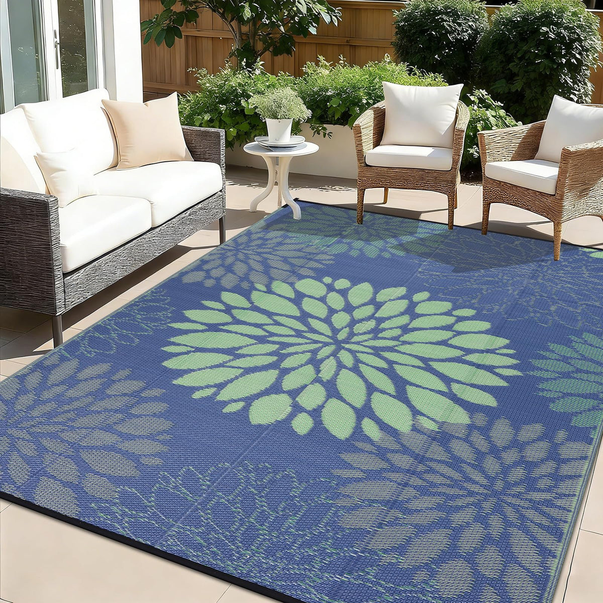 Ileading floral navy blue patio rug 6x9 provides durable outdoor style and weather resistance.