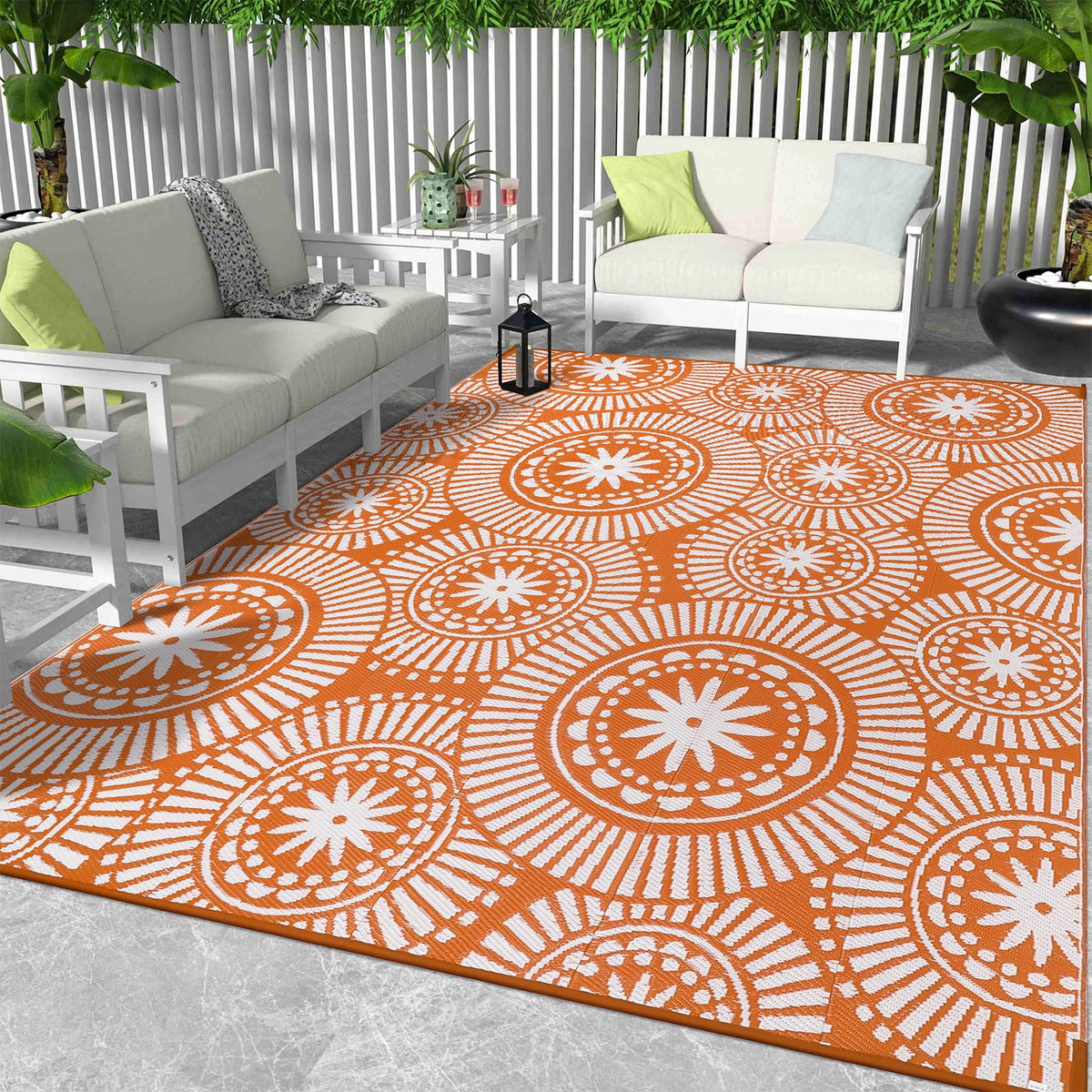 Ileading large outdoor rug with orange geometric reversible pattern, waterproof for patios and decks.