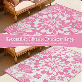 Ileading rug includes ground stakes for stability on grass or sand.