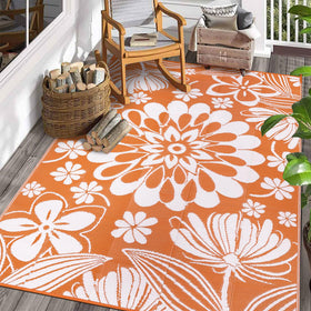 Ileading outdoor rug top view orange floral for patio and waterproof setup