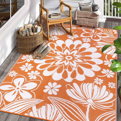 Ileading outdoor rug top view orange floral for patio and waterproof setup