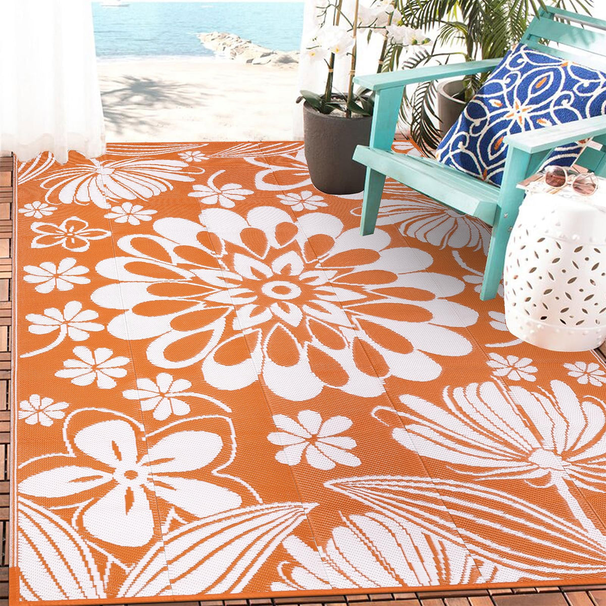 Ileading Outdoor Plastic Straw Rug orange floral front view for patios
