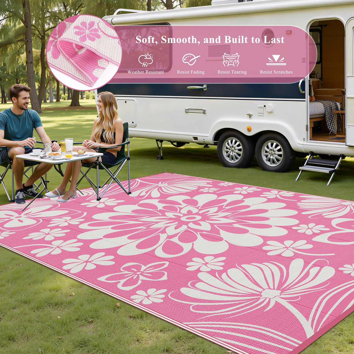 Ileading portable 9x12 ft camping rug for picnics and RV trips.