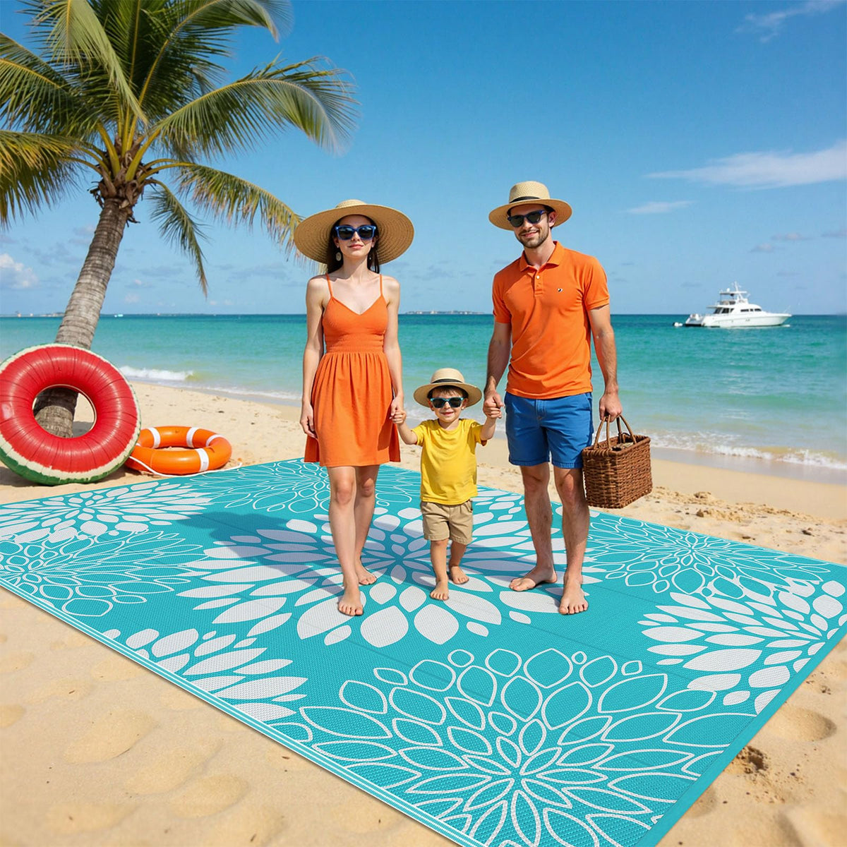 Ileading rug placed on deck creates inviting patio or backyard gathering.