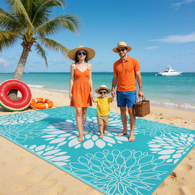 Ileading rug placed on deck creates inviting patio or backyard gathering.