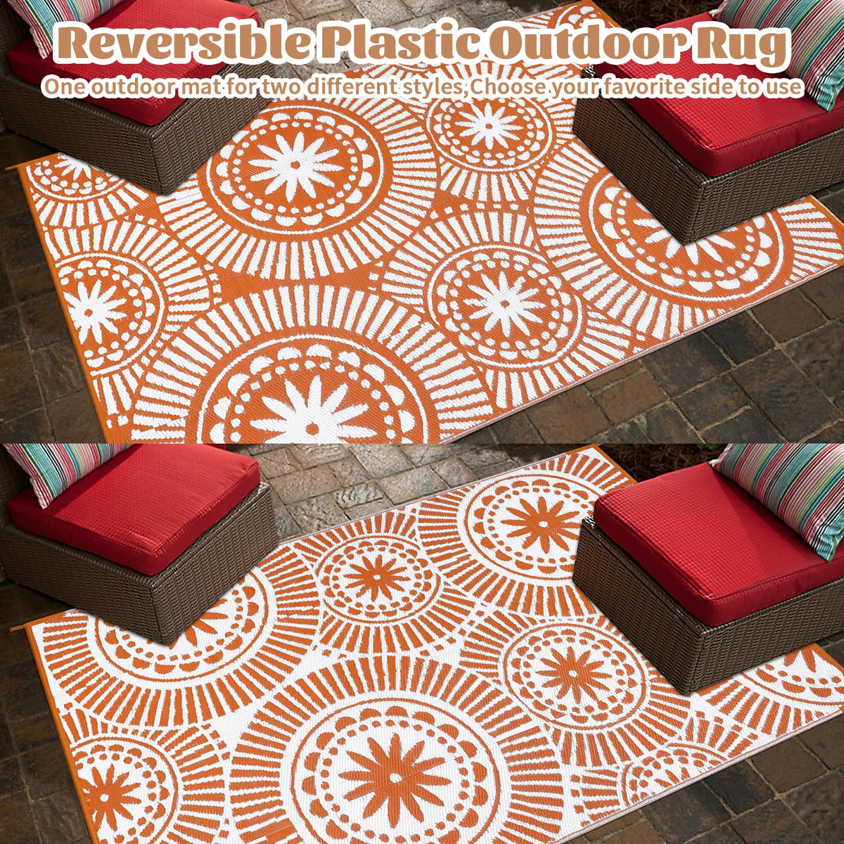 Ileading portable camping rug 9x12ft in orange, folds for travel.