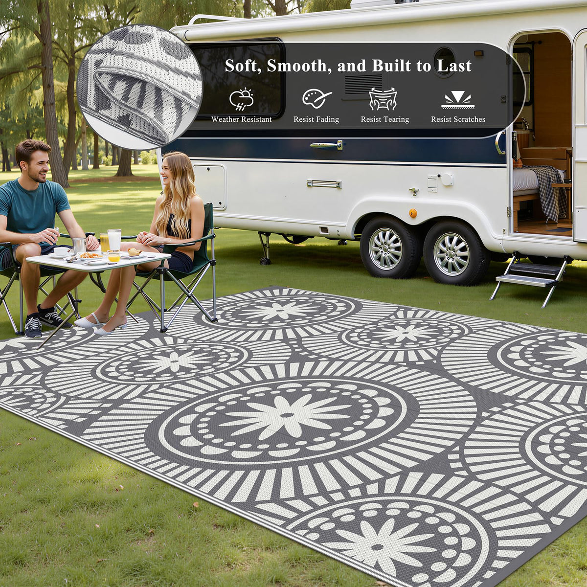 Ileading reversible outdoor rug offers two designs for flexible outdoor styling