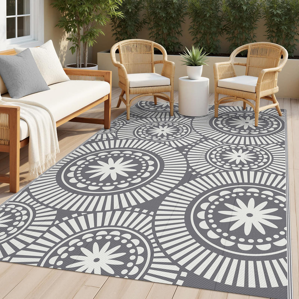 Ileading reversible outdoor rug grey 5x8 demonstrates two-sided geometry for versatile outdoor styling.