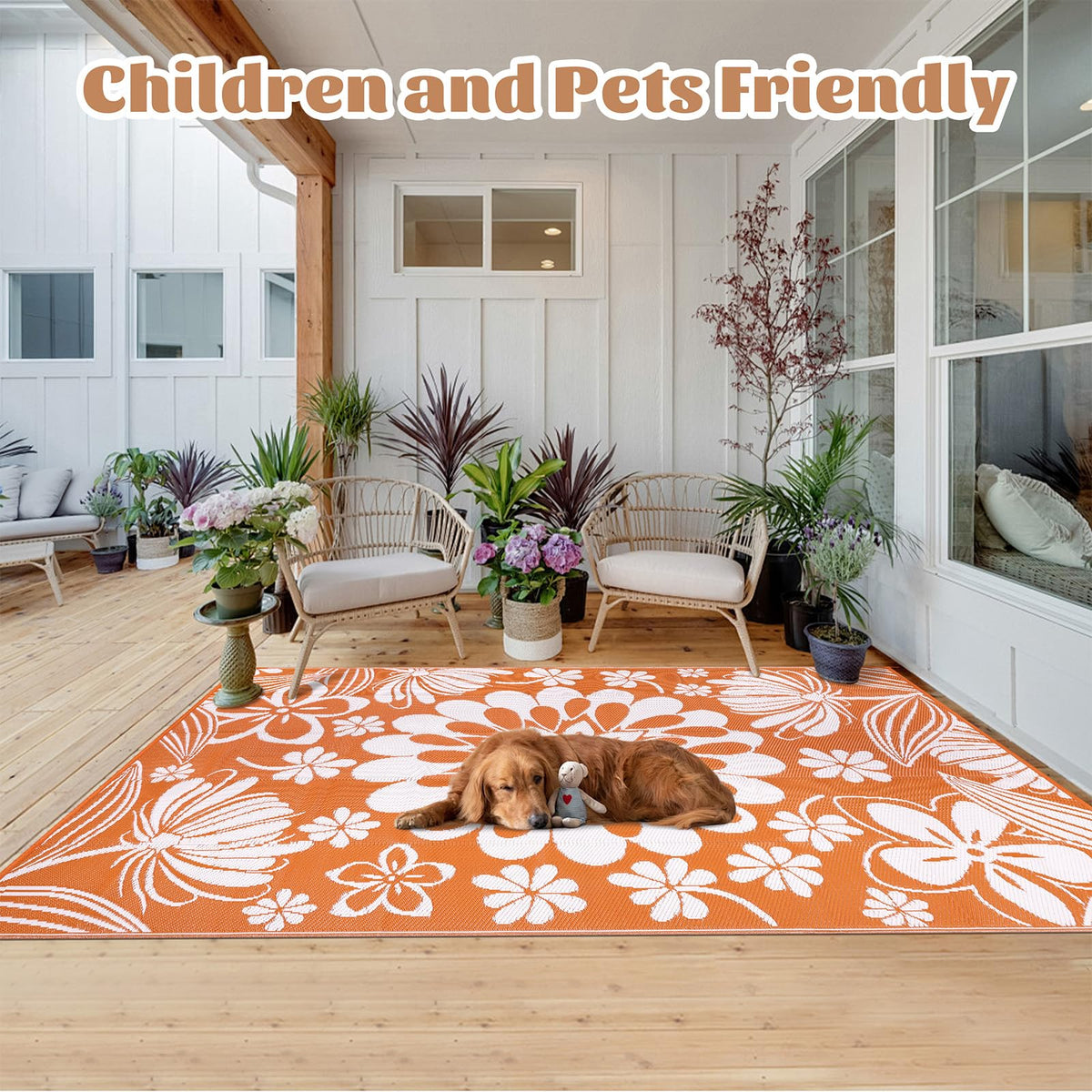 Ileading reversible rug floral pattern shows two sides for versatile outdoor styling
