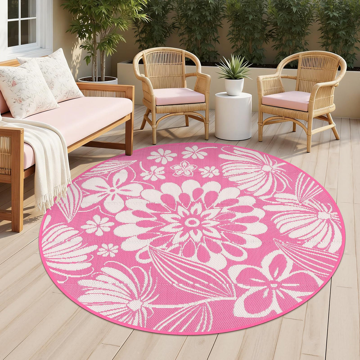 Ileading round outdoor rug with pink floral pattern offers durable comfort for patios.