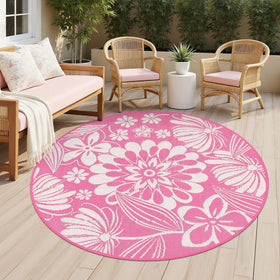 Ileading round outdoor rug with pink floral pattern offers durable comfort for patios.