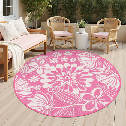 Ileading round outdoor rug with pink floral pattern offers durable comfort for patios.