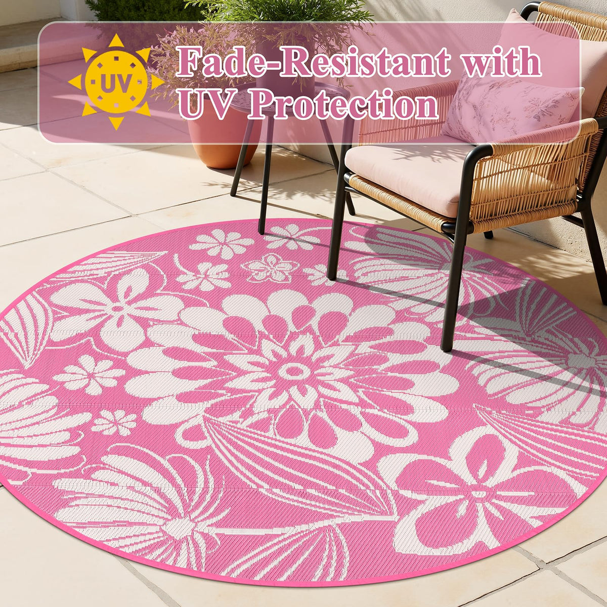 Ileading outdoor rug features UV protection to keep colors vibrant outside.