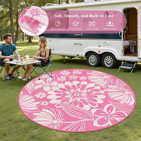 Ileading round rug with pink hue is waterproof and easy to clean after spills.