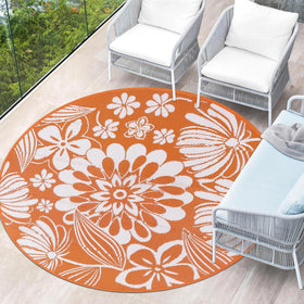 Ileading round outdoor rug orange floral pattern, ideal for patios and decks; waterproof and easy-care.