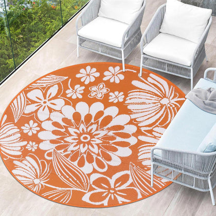 Ileading round outdoor rug orange floral pattern, ideal for patios and decks; waterproof and easy-care.