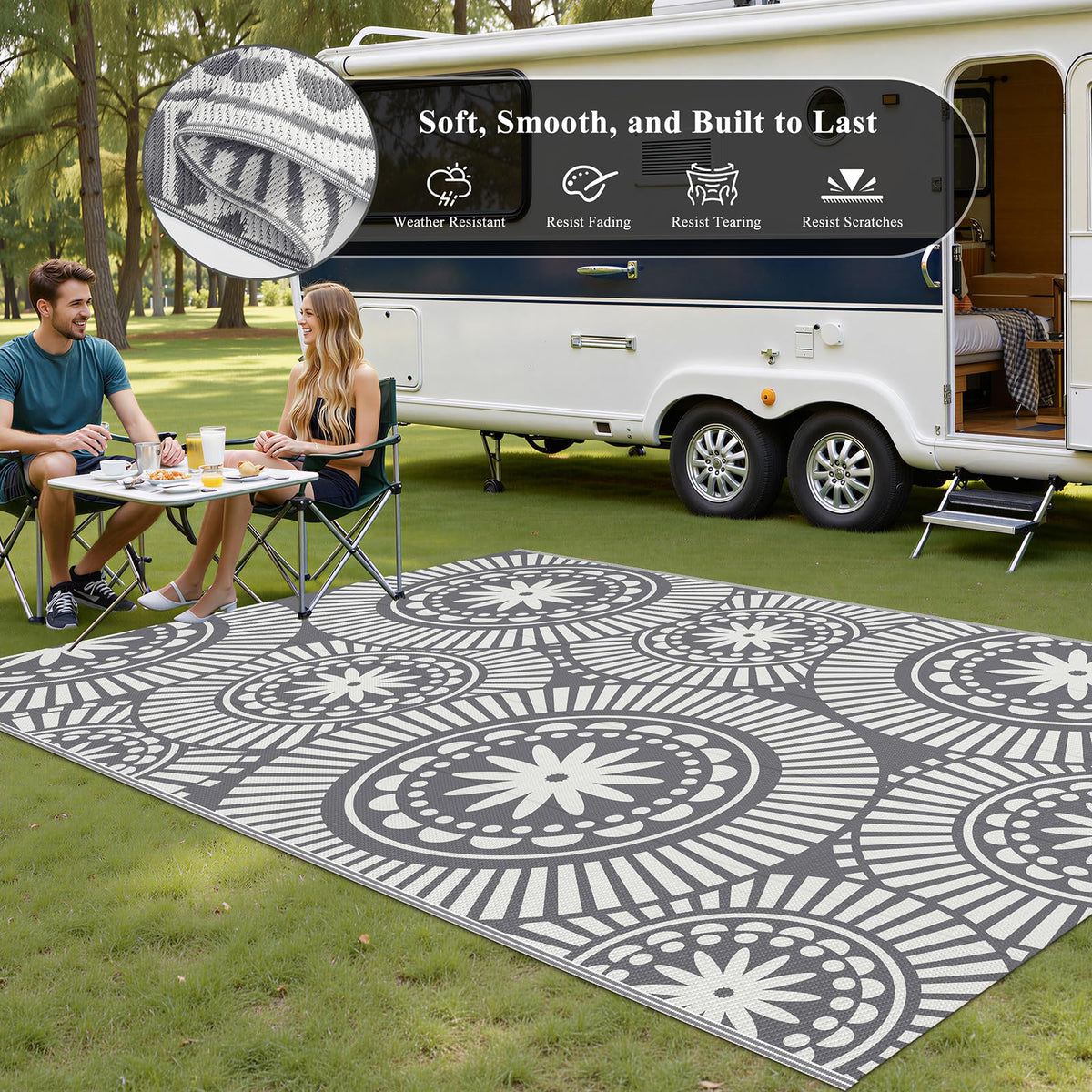 Ileading two-sided outdoor carpet offers flexible decor options for deck or camp.