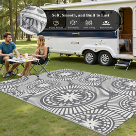 Ileading two-sided outdoor carpet offers flexible decor options for deck or camp.