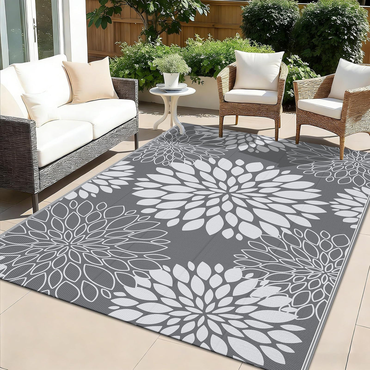 Ileading waterproof outdoor rug 5x8 with floral grey pattern, ideal for patios.