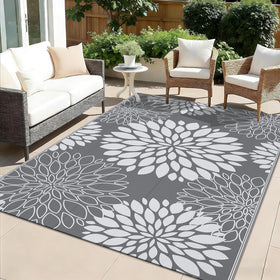 Ileading waterproof outdoor rug 5x8 with floral grey pattern, ideal for patios.