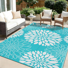 Ileading waterproof outdoor rug in teal floral front view enhances patio decor.