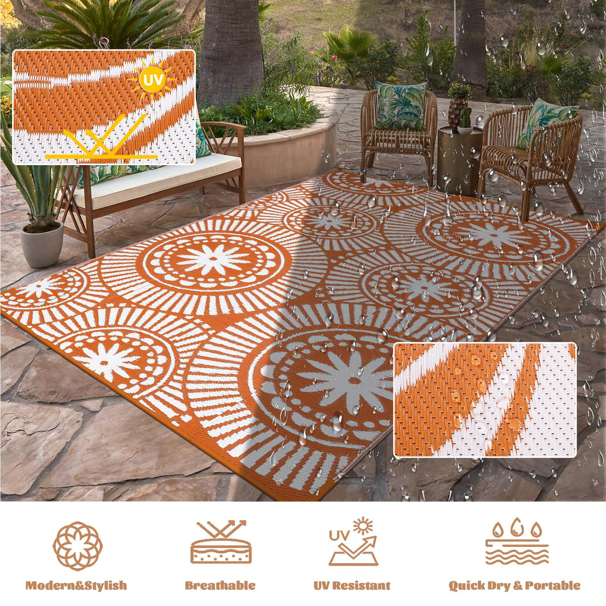 Ileading waterproof outdoor rug in orange geometric pattern ready for pool or beach use.